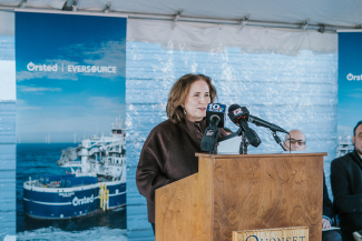 Secretary Tanner at a press conference wind and energy companies